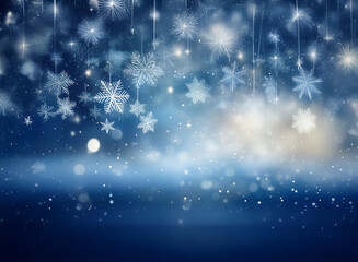 Poster - Glimmering snowflakes and stars descend on a dreamy, blue winter scene.  Soft light and bokeh effects create a magical, festive atmosphere.