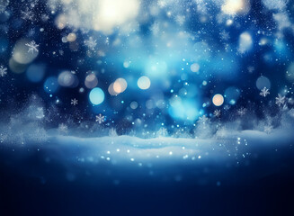 Poster - Magical winter scene.  Deep blue hues, sparkling bokeh, and soft snow drifts create a dreamy, festive atmosphere.  Falling snowflakes add to the enchanting ambiance.