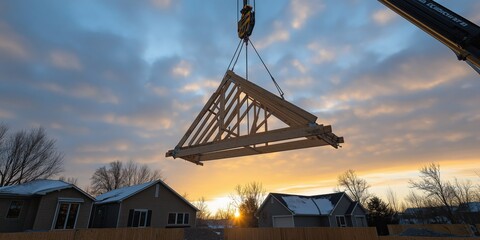 A shot of a crane lifting roof trusses into place on a nearly completed house