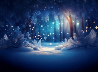 Poster - Magical winter scene.  Snow-covered forest path glows under a twilight sky.  Falling snow creates a dreamy atmosphere.