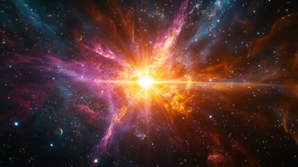 a colorful explosion in space with a bright yellow sun in the center
