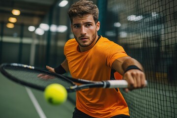 Tennis player hitting ball with racket during intense match