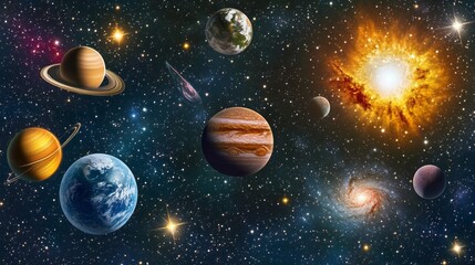 Wall Mural - A colorful painting of the solar system with the sun in the center