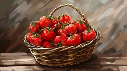 Wall Mural - A painting style illustration of a basket full of red tomatoes.