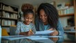 © DigitalMagicVisions - Joyful Learning Experience Between Mother and Daughter in Cozy Interior Setting with Papers and Writing Tools, Focused on Creative Activities and Bonding Moments