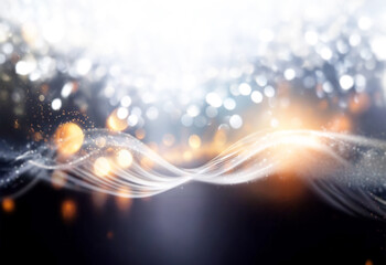 Leinwandbilder - Abstract background with white and gold bokeh lights, white streaks of light, and a dark background.