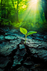 Wall Mural - A close-up of a small, vibrant green sprout emerging from a cracked, withered tree trunk in a forest.