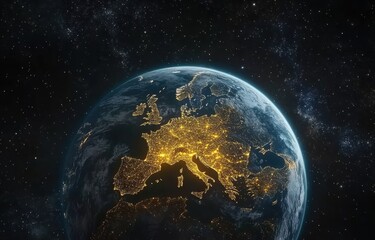 Wall Mural - Stunning Satellite View of Earth at Night Showcasing Vibrant City Lights across Europe with a Gorgeous Starry Background in a Cosmic Perspective