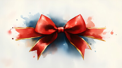 A gentle watercolor painting of a soft red bow with luxurious golden edges, on a clean white canvas