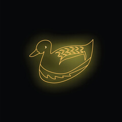 Canvas Print - Yellow neon sign in the shape of a duck swimming on a black background