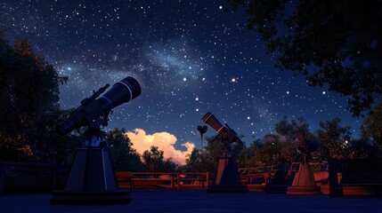 Three telescopes are pointed towards a breathtaking night sky filled with stars and a galaxy. The scene is peaceful and serene, perfect for stargazing.