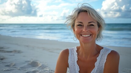 Poster - A woman is smiling on a beach