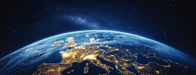 Wall Mural - Stunning High-Resolution View of Earth at Night Showcasing Beautifully Illuminated Cities and the Starry Sky Above, Perfect for Illustrating Global Connectivity and Natural Wonders