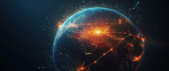 Wall Mural - Stunning Visual Representation of Earth with Luminous Network Connections Illustrating Global Data Flow and Technological Interconnectivity in a Digital Cosmos