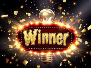 Wall Mural - Winner Announcement: Sparkling Golden Sign with Lightbulb 