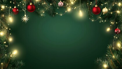 Wall Mural - minimal Christmas below border with fir branches and decoration ornaments elements. on plane green background. 