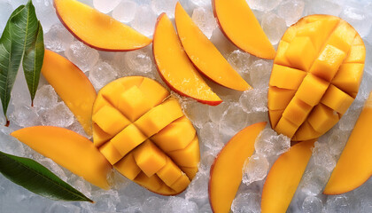 Wall Mural - mangoes fruit slices on frozen surface