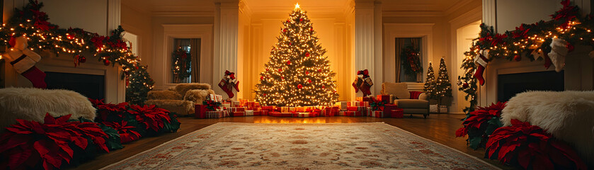 Christmas living room with tree, fireplace, presents, and poinsettias.