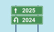 © MasterSergeant - 2025 forward 2024 back signpost, end and begin yellow road sign, finish and start vector concept