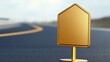 © Andrew - Golden House Signpost on Road: A minimalist gold house-shaped signpost stands prominently on a dark asphalt road, with a blurred background suggesting a journey ahead.