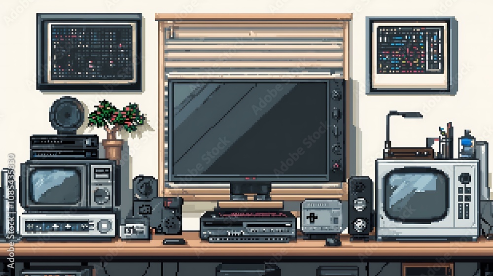 90s gaming console setup with pixel art overlays Stock Illustration ...