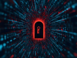 Poster - Abstract representation of a digital security concept featuring a keyhole surrounded by glowing data streams, symbolizing cybersecurity and information protection in a technological landscape.
