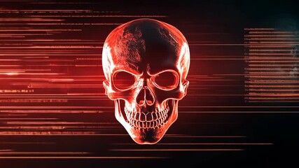Red skull glowing on background with moving code lines