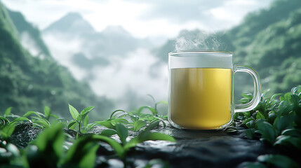 A cup of green tea under the background of national tea tree and tea mountain - tea advertising concept