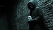 © Suphawan - Mysterious figure in a hoodie holding a white mask, standing against a brick wall with dark, moody lighting for an ominous effect