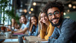 © pawimon - Smiling group of diverse friends in modern workspace, enjoying time together. atmosphere is warm and inviting, perfect for collaboration and creativity