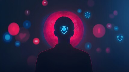 Fototapete - Abstract representation of digital security and privacy with a silhouette of a person against vibrant background and security icons indicating protection