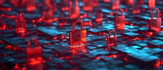 Poster - Futuristic Digital Landscape with Metallic Locks and Neon Lights Illustrating Concepts of Cybersecurity, Data Protection, Encryption, and High-Tech Security Systems