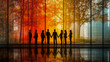 © sommersby - A group of eight individuals stands hand in hand, silhouetted against colorful autumn trees, reflecting through a glass façade during sunset