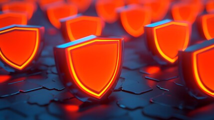 Poster - Bright Red Protective Shields with Glowing Edges on a Dark Background Representing Security, Safety, and Defense in a Digital Environment