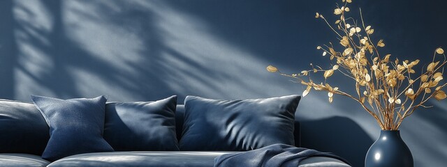 Wall Mural - A modern living room featuring a dark blue wall, a comfortable sofa with decorative pillows, and a vase of dried flowers, enhanced by natural light and shadows.