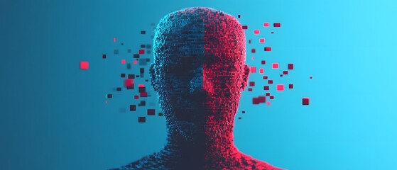 Poster - Abstract representation of a human head composed of digital particles and cubes, with vibrant blue and red colors depicting technology and artificial intelligence concepts