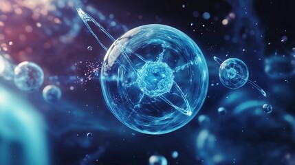 Wall Mural - a blue, transparent cell with two carbon structures in the center, surrounded by other cells and som
