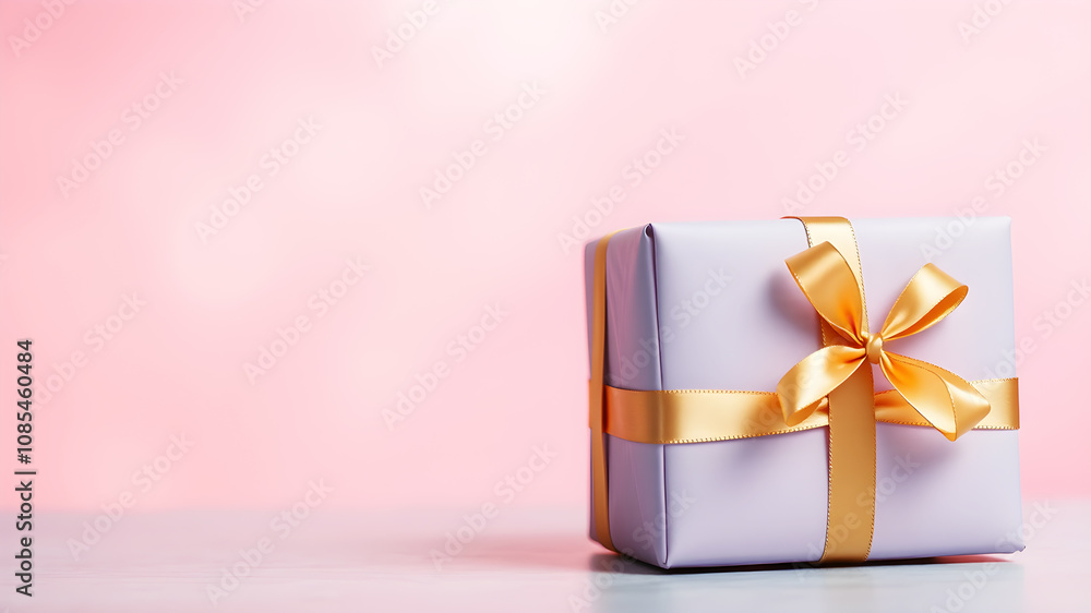 A beautifully wrapped gift box with a golden ribbon placed on the right ...
