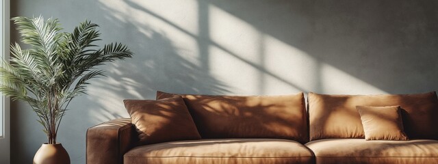 Wall Mural - A cozy living room featuring a brown sofa, soft textures, and natural light casting shadows on a patterned wall.