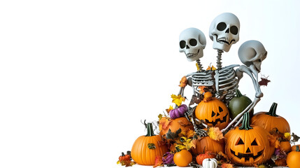 Canvas Print - skeletons and pumpkins on white background.