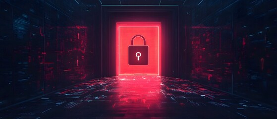 Poster - Futuristic digital hallway with glowing lock icon representing cybersecurity, data protection, and advanced technology in a virtual environment