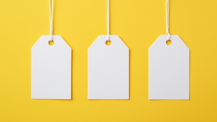 Blank price tags hang against a bright yellow background, creating a vibrant and minimalistic visual ideal for labeling or tagging items.