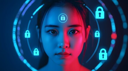 Poster - Portrait of a Young Woman with Futuristic Digital Security Technology Imagery Representing Privacy and Data Protection Concepts in a Blue and Red Color Scheme