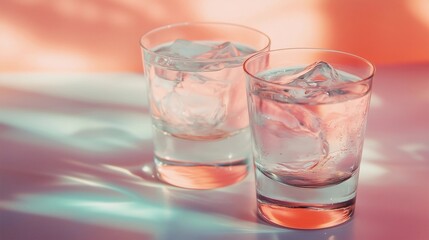 A photograph of two glasses with ice and water, set against a pastel pink background with soft lighting