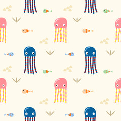 Jellyfish and fish colorful cartoon so cute. On mastic background. Pattern seamless vector illustration.
