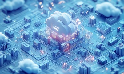 Wall Mural - isometric illustration depicting modern cloud technology and networking concept, representing web cl