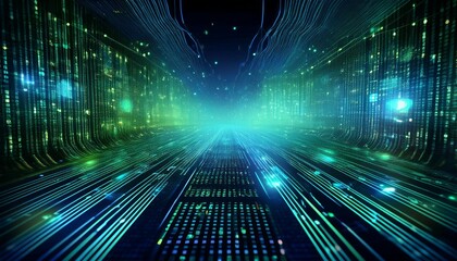 a dense pattern of green and blue binary code forms an intricate cyber grid symbolizing the intricate web of digital communications and technologies
