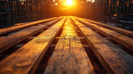 Wall Mural - Golden Sunset Over Wooden Planks on Construction Site Highlighting Natural Texture and Light Effects in an Outdoor Environment