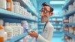 © TopMedia - Cartoon pharmacist examining medicine bottle in a bright and organized pharmacy, showcasing health and wellness in a modern setting with numerous shelves filled with products