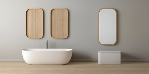 Sticker - A modern bathroom featuring a sleek, freestanding tub, minimalist fixtures, and elegant wooden accents on the wall.